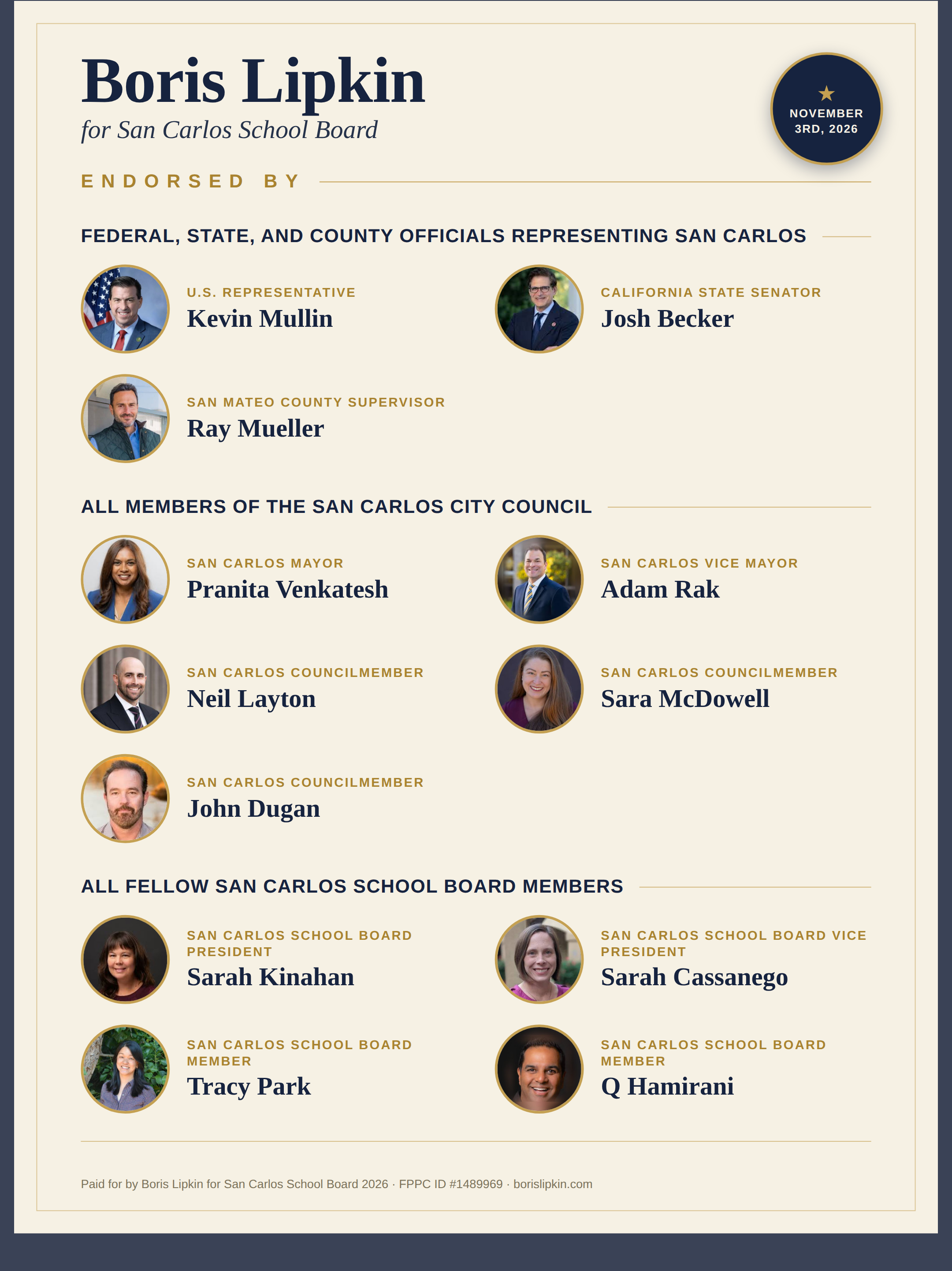 Boris Lipkin endorsement graphic featuring endorsements from San Carlos elected officials